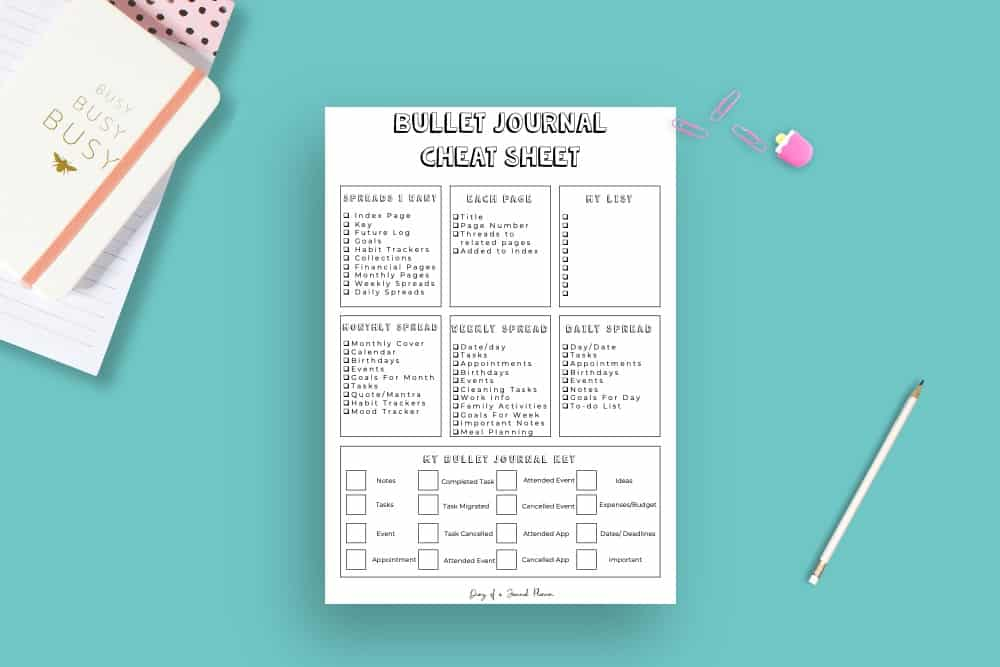 2020 Bullet Journal Cheat Sheet Important Elements Printable Checklist 