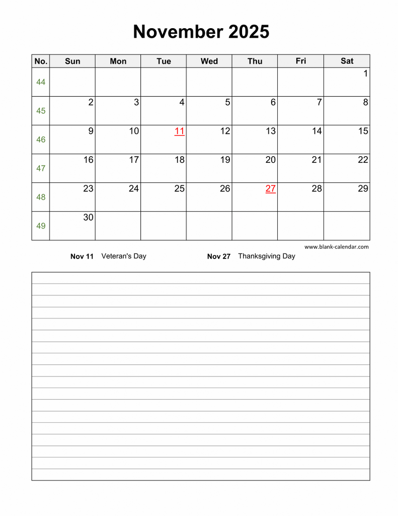 Download November 2025 Blank Calendar With Space For Notes vertical 