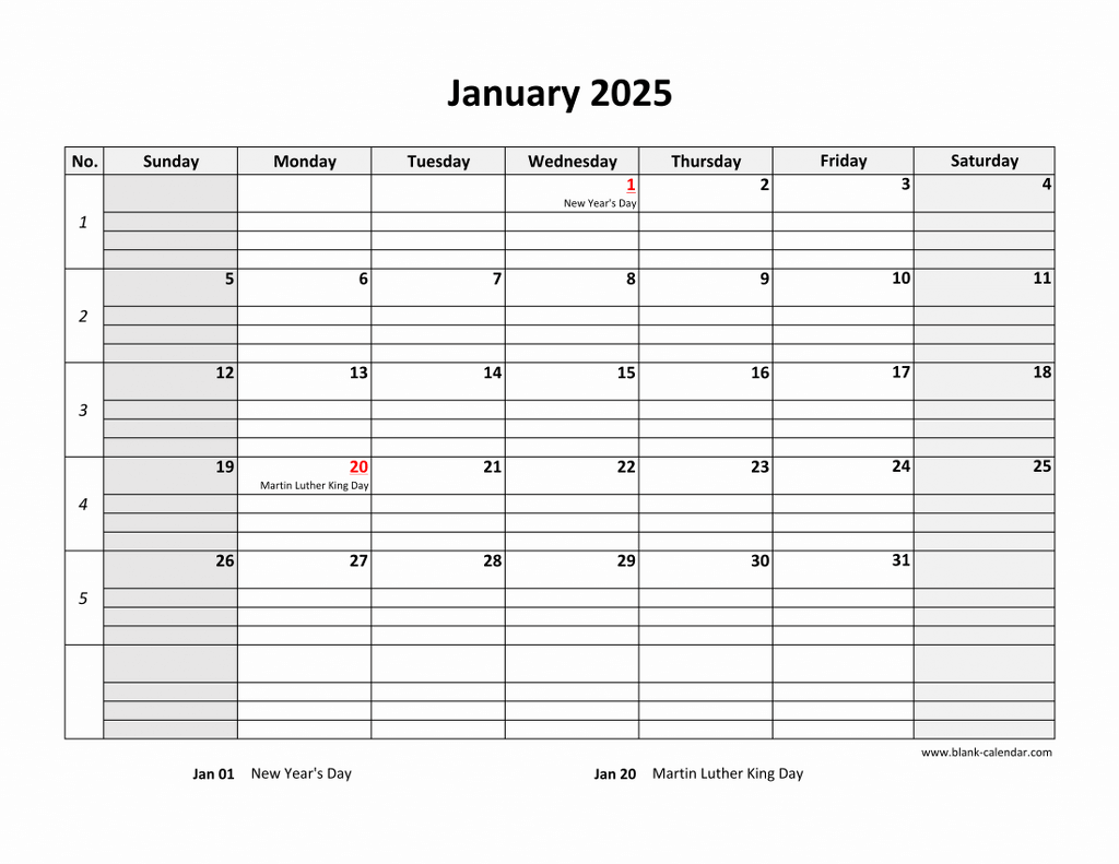 Free Download Printable January 2025 Calendar Large Box Grid Space 