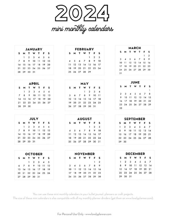 Free Printable 2024 Bullet Journal Mini Calendars Lovely Planner