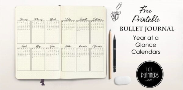 FREE Printable Bullet Journal Year At A Glance Calendar