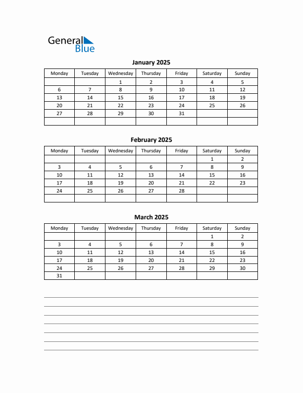 Free Printable Q1 Quarterly Calendar 2025