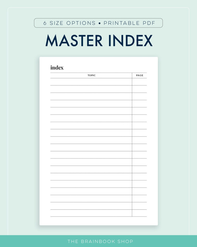 Master Index Printable Bullet Journal Index Index Page Table Of 