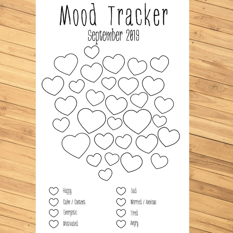 Monthly Mood Tracker Hearts Editable Printable PDF For Bullet Journal 