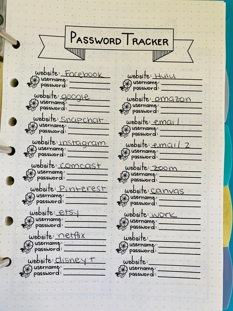 Printable Password Tracker For Bullet Journal Etsy