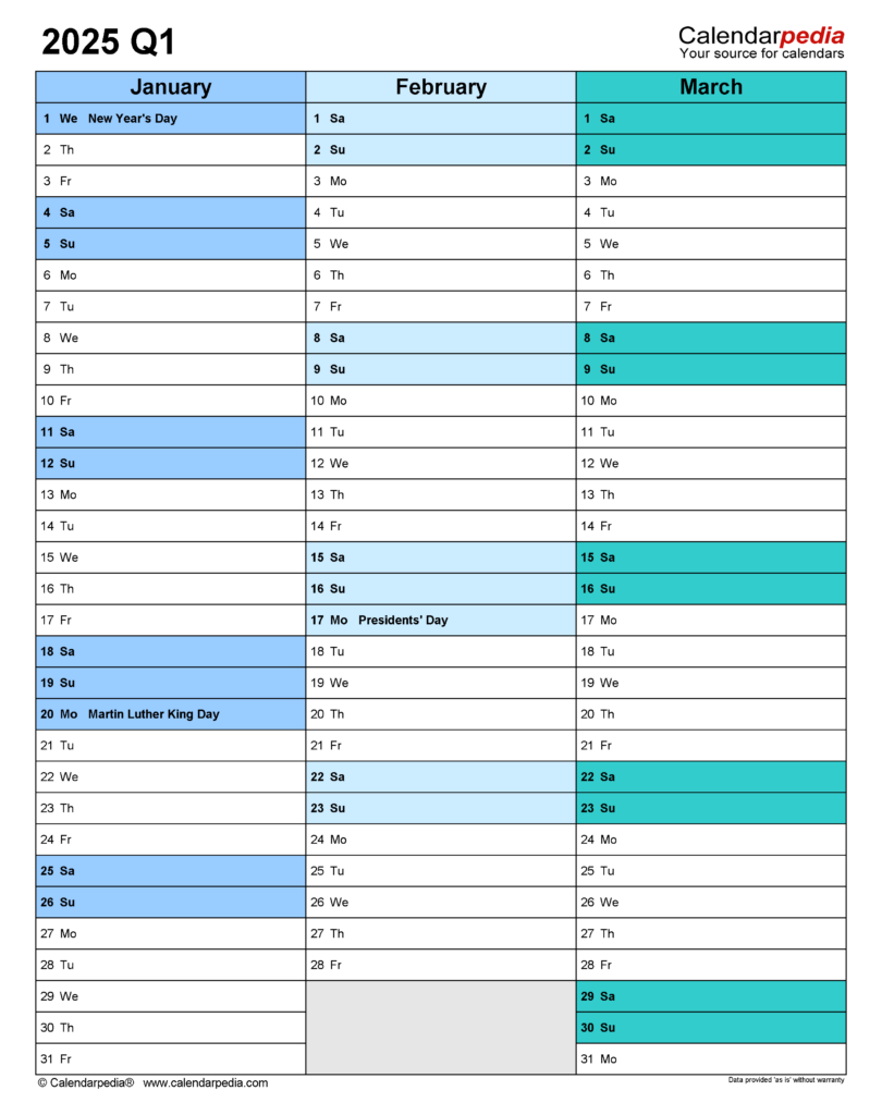 Quarterly Calendars 2025 Free Printable Excel Templates